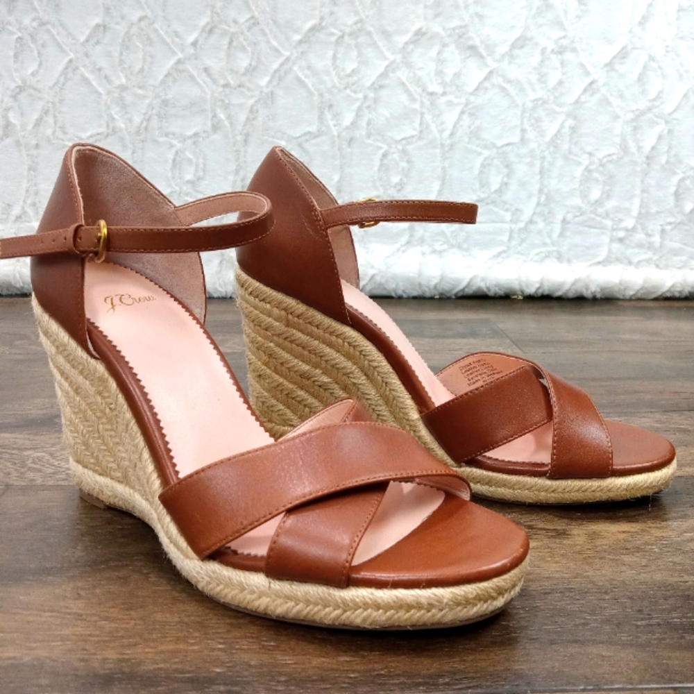 J. Crew Leather Cross Strap Espadrille Wedge Sandal Sepia Size 8.5 New!